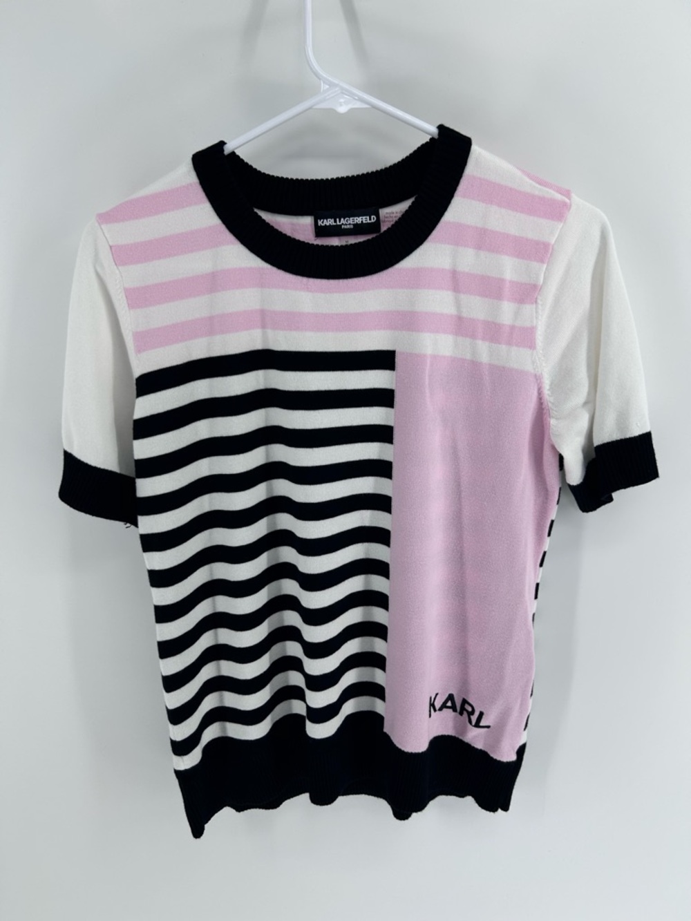 Karl‎ Lagerfeld Pink, Black & White Striped Short Sleeve Top | Medium